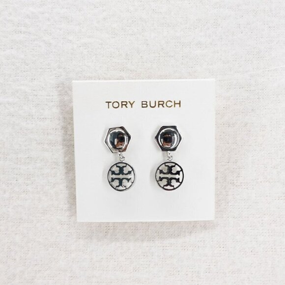 Tory Burch Hexagon Circle Logo Drop Earrings Silver OS - Picture 7 of 12